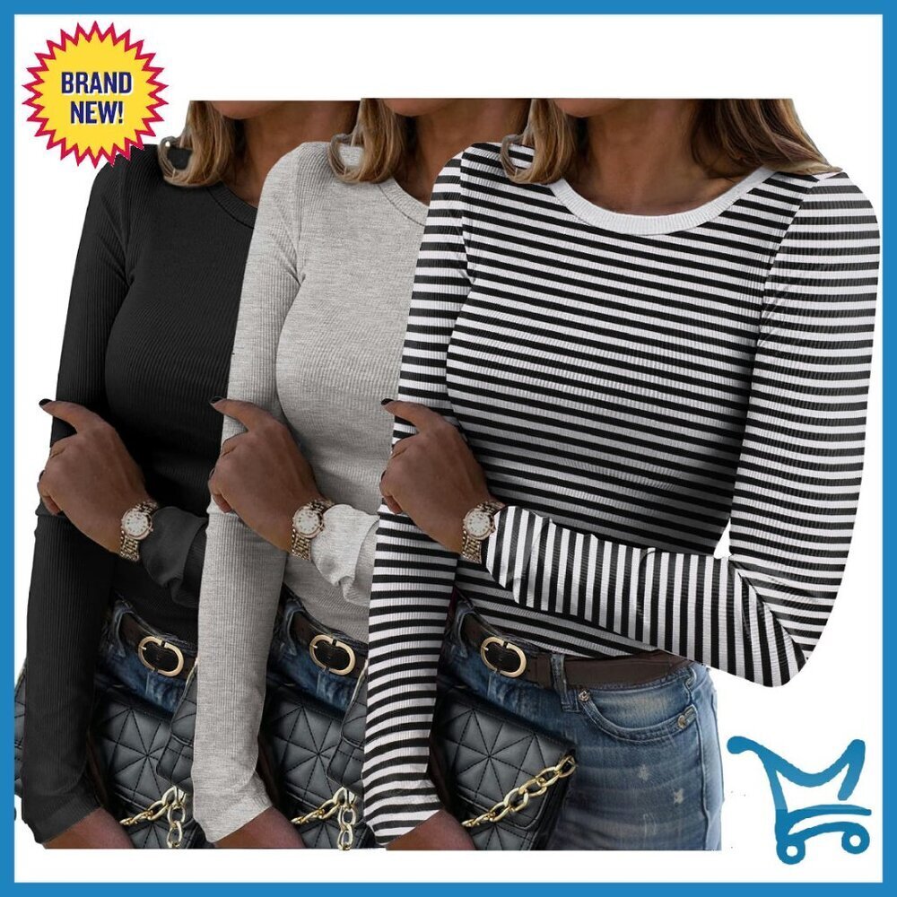 Long Sleeve Ribbed Crewneck T-Shirt Slim Fit Stretch Rayon Spandex